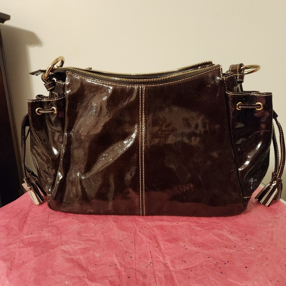 Dooney and Bourke Brown/Chocolate Patent Leather Tassles shoulder Bag EUC - Picture 9 of 12